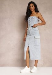 Jasnoniebieska Jeansowa Spódnica Midi o Fasonie Cargo z Rozcięciem Codie. Niebieskie spódnice Renee, na co dzień, m, bez wzorów, z jeansu, eleganckie, midi, proste. W wyprzedaży za 127.99 zł.