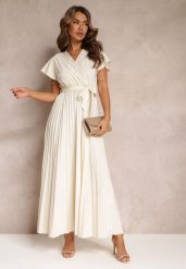 Jasnobeżowa Koktajlowa Maxi Sukienka Ozdobiona Plisami z Trójkątnym Dekoltem i Wiązaniem w Talii Phoelia. Brązowe sukienki Renee, na imprezę, m, bez wzorów, eleganckie, bez kołnierzyka, bez ramiączek, maxi. W wyprzedaży za 63.99 zł.