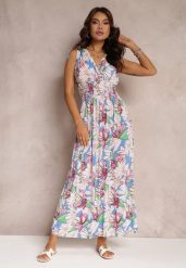 Niebiesko-Różowa Rozkloszowana Sukienka Maxi z Gumkami w Pasie w Kwiaty Sasta. Niebieskie sukienki Renee, l, bez wzorów, z tkaniny, bez kołnierzyka, bez ramiączek, maxi, rozkloszowane. W wyprzedaży za 39.99 zł.