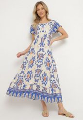 Niebieska Wiskozowa Sukienka z Geometrycznym Wzorem Cleanna. Niebieskie sukienki Born2be, na co dzień, l, z aplikacjami, z wiskozy, eleganckie, bez kołnierzyka, bez ramiączek, maxi, proste. Za 79.99 zł.