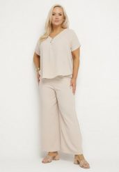 Jasnobeżowy Komplet o Fasonie Oversize Bluzka i Szerokie Spodnie Amisora. Brązowe bluzki Born2be, uniwersalny, bez wzorów, bez kołnierzyka, bez ramiączek. Za 119.99 zł.