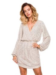 Made of emotion Sukienka w kolorze beżowo-złotym rozmiar: XXL. Brązowe sukienki Made Of Emotion, na co dzień, xxl, bez wzorów, z asymetrycznym kołnierzem, bez ramiączek, mini, asymetryczne. Za 219.99 zł.