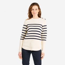 Sweter marynarski damski Tribord 100. Białe swetry Decathlon, l, bez wzorów, z bawełny, eleganckie, bez ramiączek. Za 99.99 zł.