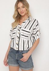 Biało-Czarna Koszula z Bawełny w Paski Adserie. Białe koszule Born2be, m, bez wzorów, z bawełny, eleganckie, bez kołnierzyka, bez ramiączek. W wyprzedaży za 72.24 zł.