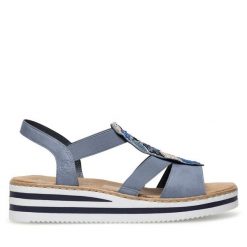 Sandały Rieker. Niebieskie sandały Rieker, bez wzorów, bez obcasa, na płaskiej podeszwie, bez zapięcia. Za 299.99 zł.