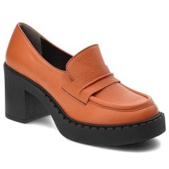 Pomarańczowe Półbuty Armodo Modne Obuwie Damskie. Brązowe półbuty wsuwane Armodo, bez wzorów, ze skóry, eleganckie, bez obcasa, na obcasie. Za 331.99 zł.