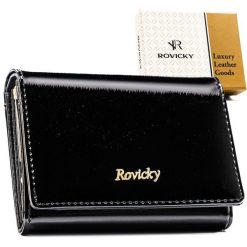 Portfel damski z lakierowanej skóry naturalnej w czarnym kolorze zamykany na zatrzask i bigiel - Rovicky. Czarne portfele ROVICKY, bez wzorów, ze skóry. Za 99.99 zł.