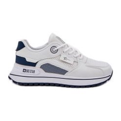 Buty Sportowe Sneakersy Damskie Big Star NN274A103 HI-POLY System Biało-Granatowe białe. Białe buty treningowe bez wzorów, ze skóry, bez zapięcia. Za 237.59 zł.