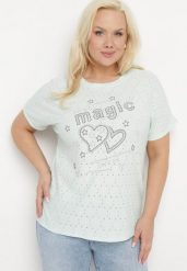 Miętowy T-shirt Ażurowy z Ozdobnymi Cyrkoniami Cevola. Zielone t-shirty Born2be, xl, w ażurowe wzory, bez kołnierzyka, bez ramiączek. Za 59.99 zł.
