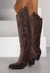 Ciemnobrązowe Kozaki Kowbojki na Stożku z Cholewką w Cyrkoniowy Wzór Nalimia. Brązowe kozaki Born2be, bez wzorów, z jeansu, boho, bez obcasa, na obcasie, bez zapięcia. Za 169.99 zł.