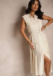 Beżowa Wiskozowa Sukienka Koszulowa z Bawełną i Paskiem Artebia. Brązowe sukienki Renee, na co dzień, l, bez wzorów, z bawełny, eleganckie, bez kołnierzyka, bez ramiączek, midi, koszulowe. W wyprzedaży za 167.99 zł.