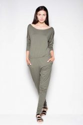 Oliwkowy Komfortowy Kombinezon z Szerokim Dekoltem. Zielone kombinezony Venaton, l, bez wzorów, z elastanu, eleganckie, bez kołnierzyka, bez ramiączek. Za 249.00 zł.