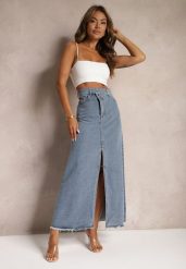 Niebieska Postrzępiona Spódnica Maxi z Jeansu z Rozcięciem Feedi. Niebieskie spódnice Renee, s, bez wzorów, z jeansu, maxi, trapezowe. Za 79.99 zł.