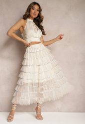 Beżowa Rozkloszowana Spódnica Maxi z Falbankami i Cekinami Noobi. Brązowe spódnice Renee, m, bez wzorów, z materiału, eleganckie, maxi, rozkloszowane. W wyprzedaży za 80.99 zł.