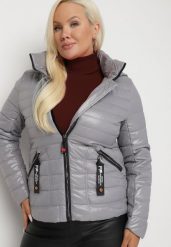 Szara Pikowana Kurtka z Odpinanym Kapturem na Suwak Veladra. Szare kurtki Born2be, xl, bez wzorów, z jeansu, eleganckie. W wyprzedaży za 111.99 zł.