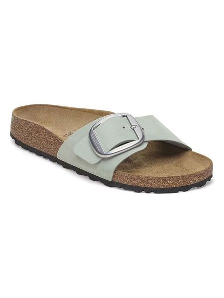 Birkenstock Skórzane klapki "Madrid" w kolorze zielonym rozmiar: 39. Zielone klapki Birkenstock, bez wzorów, z nubiku, klasyczne, z otwartym noskiem, bez obcasa, bez zapięcia. Za 459.04 zł.