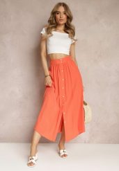 Pomarańczowa Rozkloszowana Spódnica Maxi z Gumką w Talii i Kieszeniami Kendrani. Brązowe spódnice Renee, na co dzień, l, bez wzorów, eleganckie, maxi, proste. W wyprzedaży za 52.49 zł.