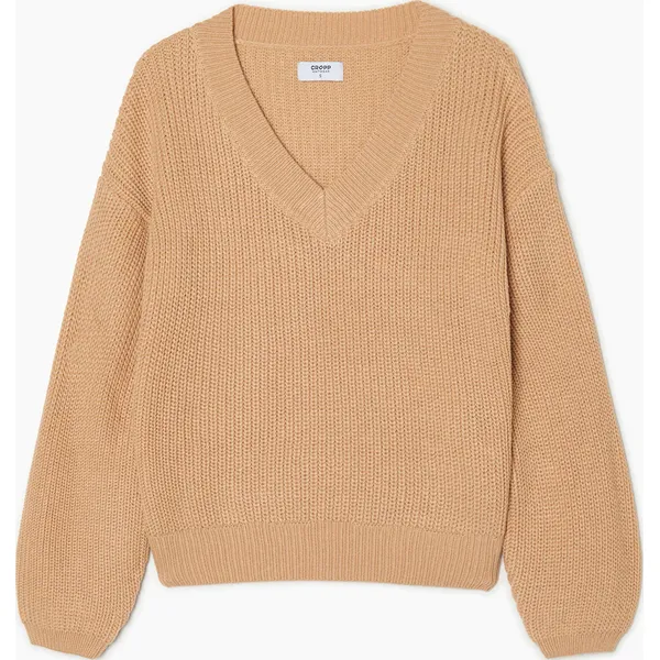 Sweter z dekoltem w serek - Beżowy. Brązowe swetry Cropp, l, bez wzorów, z dzianiny, bez ramiączek. Za 79.99 zł.