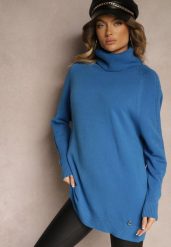 Niebieski Golf z Wiskozą Modalem i Ozdobnym Splotem Kesalttia. Niebieskie swetry Renee, s, bez wzorów, z jeansu, eleganckie, bez ramiączek. W wyprzedaży za 71.99 zł.