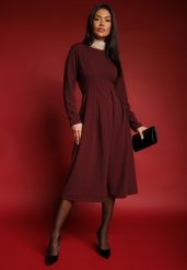 Bordowa Rozkloszowana Sukienka w Eleganckim Stylu Temilissa. Czerwone sukienki Renee, do pracy, m, bez wzorów, biznesowe, bez kołnierzyka, bez ramiączek, midi, rozkloszowane. W wyprzedaży za 99.99 zł.