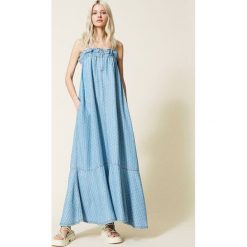 Długa zwiewna sukienka dżinsowa Twinset. Niebieskie sukienki Twinset, na imprezę, l, bez wzorów, z lyocellu, bez kołnierzyka, bez ramiączek, maxi. W wyprzedaży za 900.00 zł.