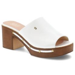 Klapki damskie Simen, ze skóry licowej na klocku z ozdobami eleganckie, białe, 6844A. Białe klapki Simen, bez wzorów, ze skóry, eleganckie, bez obcasa, na obcasie, bez zapięcia. Za 339.00 zł.