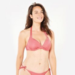 Góra kostiumu kąpielowego surfingowego damska Olaian Elena. Czerwone bikini OLAIAN, bez wzorów, z elastanu, sportowe. Za 89.99 zł.