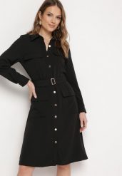 Czarna Sukienka Koszulowa z Kieszeniami w Stylu Utility Naiatema. Czarne sukienki Born2be, na co dzień, l, bez wzorów, klasyczne, bez kołnierzyka, bez ramiączek, midi, koszulowe. W wyprzedaży za 153.99 zł.