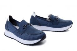 RIEKER N7455-14 blue, półbuty damskie. Niebieskie półbuty wsuwane Rieker, bez wzorów, bez obcasa. Za 233.94 zł.