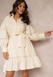 Beżowa Koszulowa Sukienka z Perłowymi Guzikami i Koronkowymi Wstawkami Shyanne. Brązowe sukienki Renee, l, bez wzorów, z koronki, vintage, bez kołnierzyka, bez ramiączek, midi, koszulowe. W wyprzedaży za 183.99 zł.