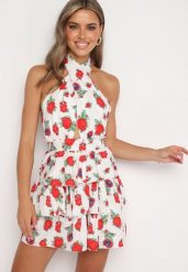 Biała Sukienka Wiązana na Szyi w Kwiatowy Print z Falbankami Virivia. Białe sukienki Born2be, na spotkanie biznesowe, l, bez wzorów, z jeansu, eleganckie, bez kołnierzyka, bez ramiączek, kopertowe. Za 149.99 zł.