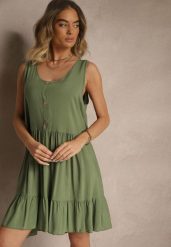 Zielona Rozkloszowana Sukienka z Bawełny Zdobiona Guzikami Iffanise. Zielone sukienki Renee, na co dzień, l, z aplikacjami, z bawełny, eleganckie, bez kołnierzyka, bez ramiączek, mini, rozkloszowane. W wyprzedaży za 39.99 zł.