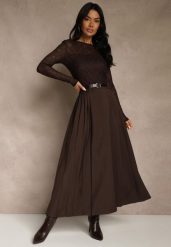 Brązowa Rozkloszowana Spódnica z Wiskozy z Dodatkowym Paskiem z Klamrą Lowedina. Brązowe spódnice Renee, l, bez wzorów, z wiskozy, maxi, oversize. Za 139.99 zł.