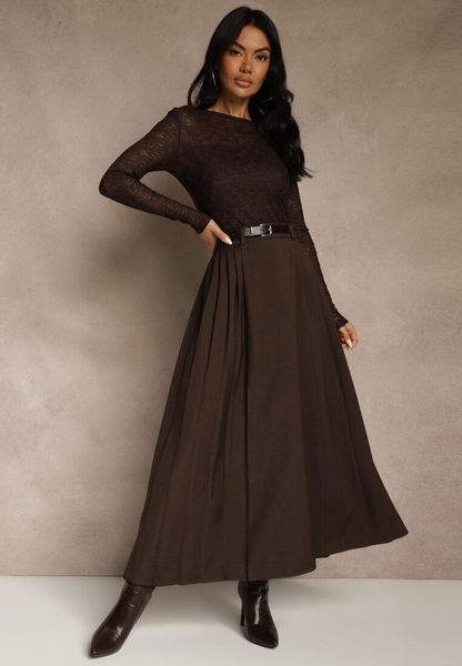 Brązowa Rozkloszowana Spódnica z Wiskozy z Dodatkowym Paskiem z Klamrą Lowedina. Brązowe spódnice Renee, l, bez wzorów, z wiskozy, maxi, oversize. Za 139.99 zł.