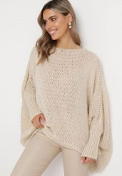 Jasnobeżowy Luźny Sweter w Stylu Ponczo Kossela. Brązowe swetry Born2be, bez wzorów, z jeansu, wizytowe, bez ramiączek. W wyprzedaży za 76.49 zł.