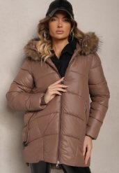 Brązowa Kurtka z Kapturem Futerkiem i Pikowaniem Tinnira. Brązowe kurtki Renee, l, bez wzorów, z jeansu, eleganckie, z kapturem. W wyprzedaży za 188.99 zł.