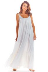Biała Luźna Maxi Sukienka na Lato. Białe sukienki Awama, uniwersalny, bez wzorów, z materiału, bez kołnierzyka, bez ramiączek, maxi, rozkloszowane. Za 269.90 zł.