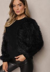 Czarny Sweter o Futrzanym Wykończeniu z Wełną Meriaune. Czarne swetry Renee, na zimę, bez wzorów, z futra, casualowe, bez ramiączek. Za 54.99 zł.