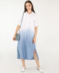 CIENIOWANA SUKIENKA Z LNU. Niebieskie sukienki Unisono, l, bez wzorów, z tkaniny, klasyczne, bez kołnierzyka, bez ramiączek, koszulowe. Za 369.00 zł.