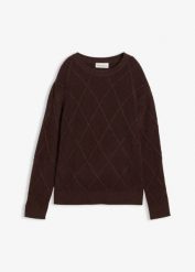 Sweter oversize z warkoczami. Brązowe swetry bonprix, bez wzorów, bez ramiączek. Za 109.99 zł.
