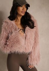 Różowa Kurtka Futerko z Kapturem i Zapięciem na Suwak Zetora. Czerwone kurtki Renee, m, bez wzorów, z futra, street, z kapturem. Za 239.99 zł.