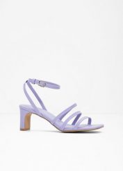 Sandały z paseczkami na wąskim obcasie. Fioletowe sandały bonprix, bez wzorów, bez obcasa, na obcasie, bez zapięcia. Za 124.99 zł.
