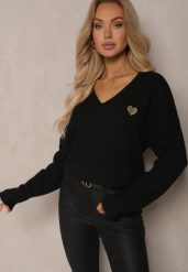 Czarny Sweter z Wełną i Dekoltem w Serek Ziviola. Czarne swetry Renee, bez wzorów, z jeansu, biznesowe, bez ramiączek. W wyprzedaży za 111.99 zł.