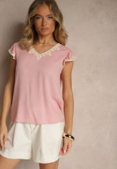 Różowa Bluzka z Bawełny Ozdobiona Haftem Savoreia. Czerwone bluzki Renee, l, bez wzorów, z bawełny, eleganckie, bez kołnierzyka, bez ramiączek. W wyprzedaży za 59.99 zł.