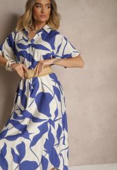 Niebieska Rozkloszowana Sukienka w Abstrakcyjny Wzór z Bawełną Telianiela. Niebieskie sukienki Renee, xl, bez wzorów, z bawełny, bez kołnierzyka, bez ramiączek, maxi, rozkloszowane. W wyprzedaży za 63.99 zł.