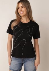 Czarny Bawełniany T-shirt Ozdobiony Cyrkoniami Monomene. Czarne t-shirty Born2be, m, z aplikacjami, z bawełny, casualowe, bez kołnierzyka, bez ramiączek. Za 59.99 zł.