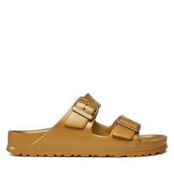 Klapki Birkenstock. Żółte klapki Birkenstock, bez wzorów, bez obcasa, bez zapięcia. Za 249.99 zł.