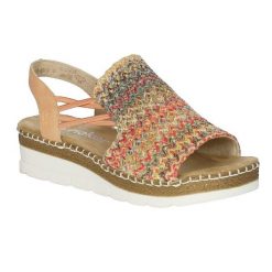 Sandały Rieker z elastycznymi paskami i koturnem. Sandały Rieker, bez wzorów, z materiału, eleganckie, z otwartym noskiem, bez obcasa, na koturnie, bez zapięcia. Za 301.95 zł.