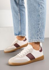 Beżowo-Bordowe Sneakersy Tenisówki w Kultowym Stylu Neolithaen. Białe trampki Renee, bez wzorów, z jeansu, eleganckie, bez zapięcia. W wyprzedaży za 67.99 zł.
