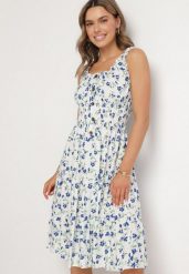 Biało-Niebieska Sukienka Rozkloszowana na Ramiączkach w Kwiaty Tallio. Białe sukienki Born2be, na co dzień, l, bez wzorów, z jeansu, eleganckie, bez kołnierzyka, bez ramiączek, midi, proste. W wyprzedaży za 38.24 zł.
